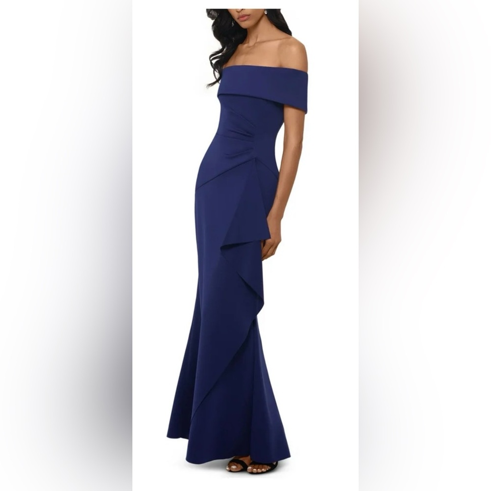 Xscape Women's Long Scuba Crepe Off-The-Shoulder Dress Size 12 Navy NEW